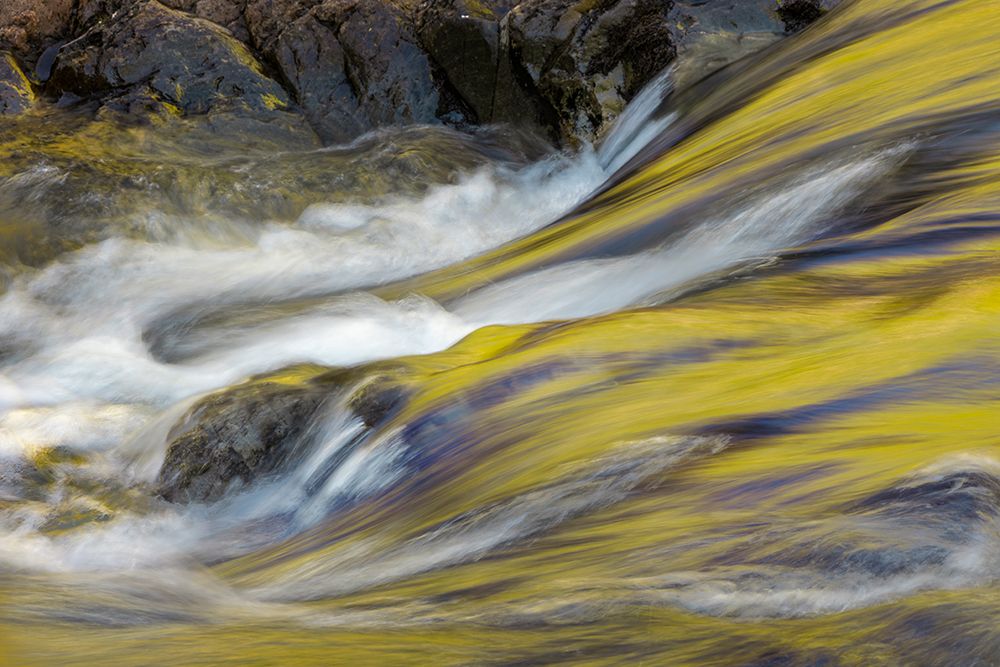 Spring foliage colors and sky reflecting on ripples on stream, Great Smoky Mountains NP, Tennessee